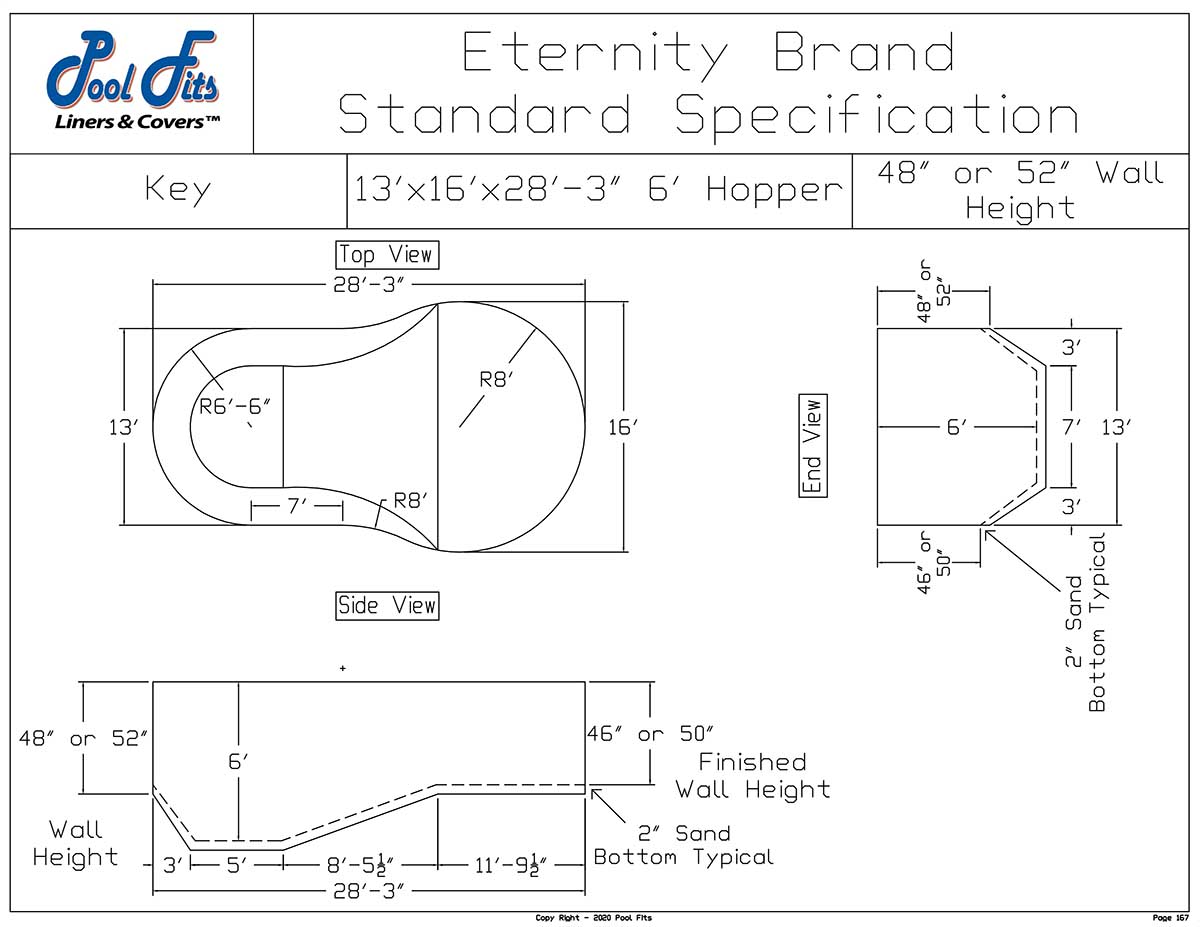 16'x28' Key Eternity Hopper Liner Diagram and Manufacturer Specification