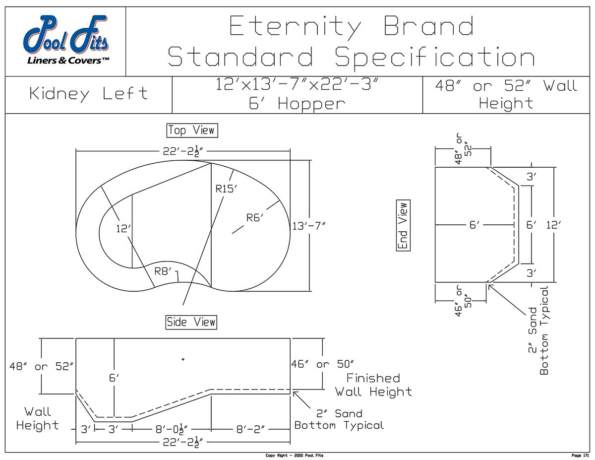12'x22' Kidney Left Eternity Hopper Liner Diagram and Manufacturer Specification