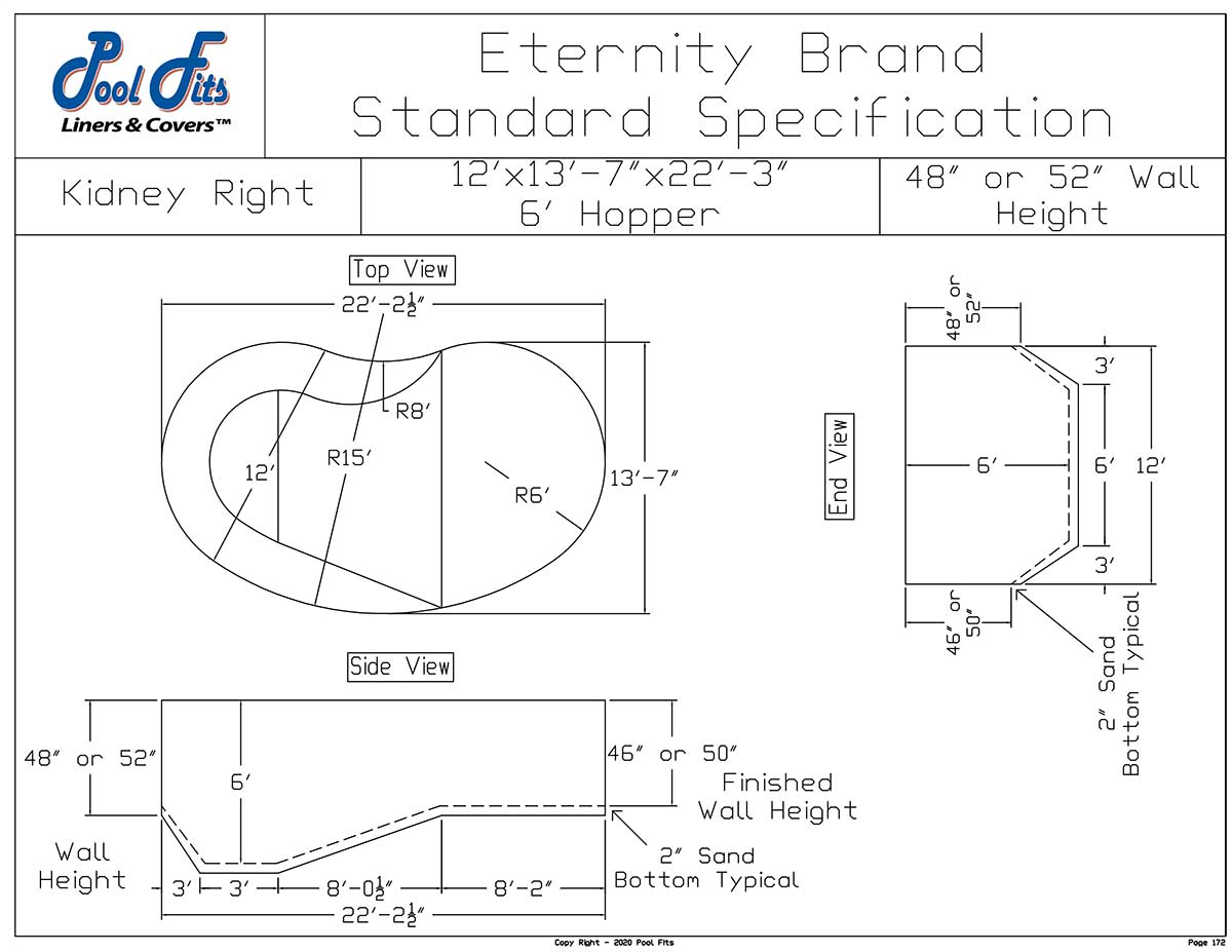 12'x22' Kidney Right Eternity Hopper Liner Diagram and Manufacturer Specification