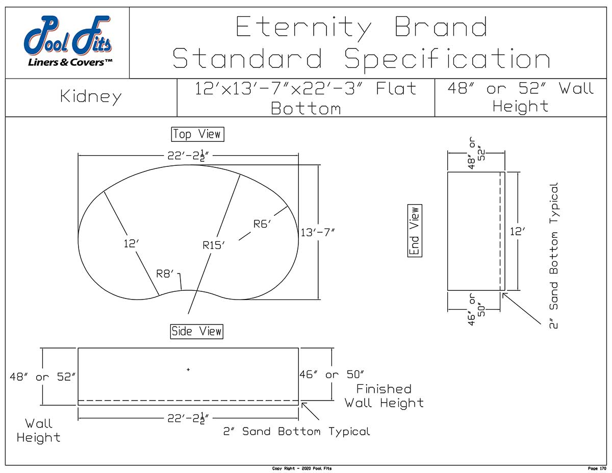 12'x22' Kidney Eternity Flat Bottom Liner Diagram and Manufacturer Specification