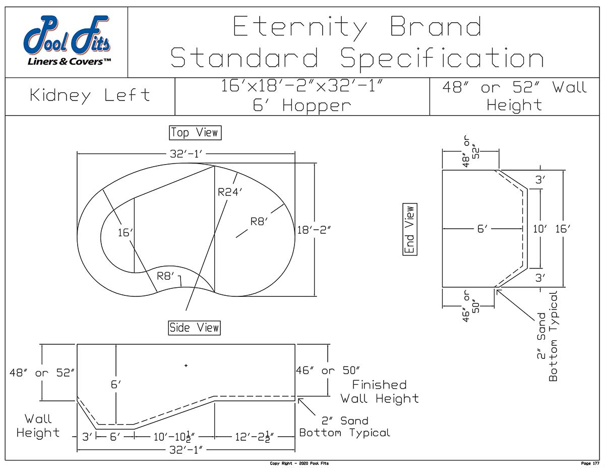 16'x32' Kidney Left Eternity Hopper Liner Diagram and Manufacturer Specification