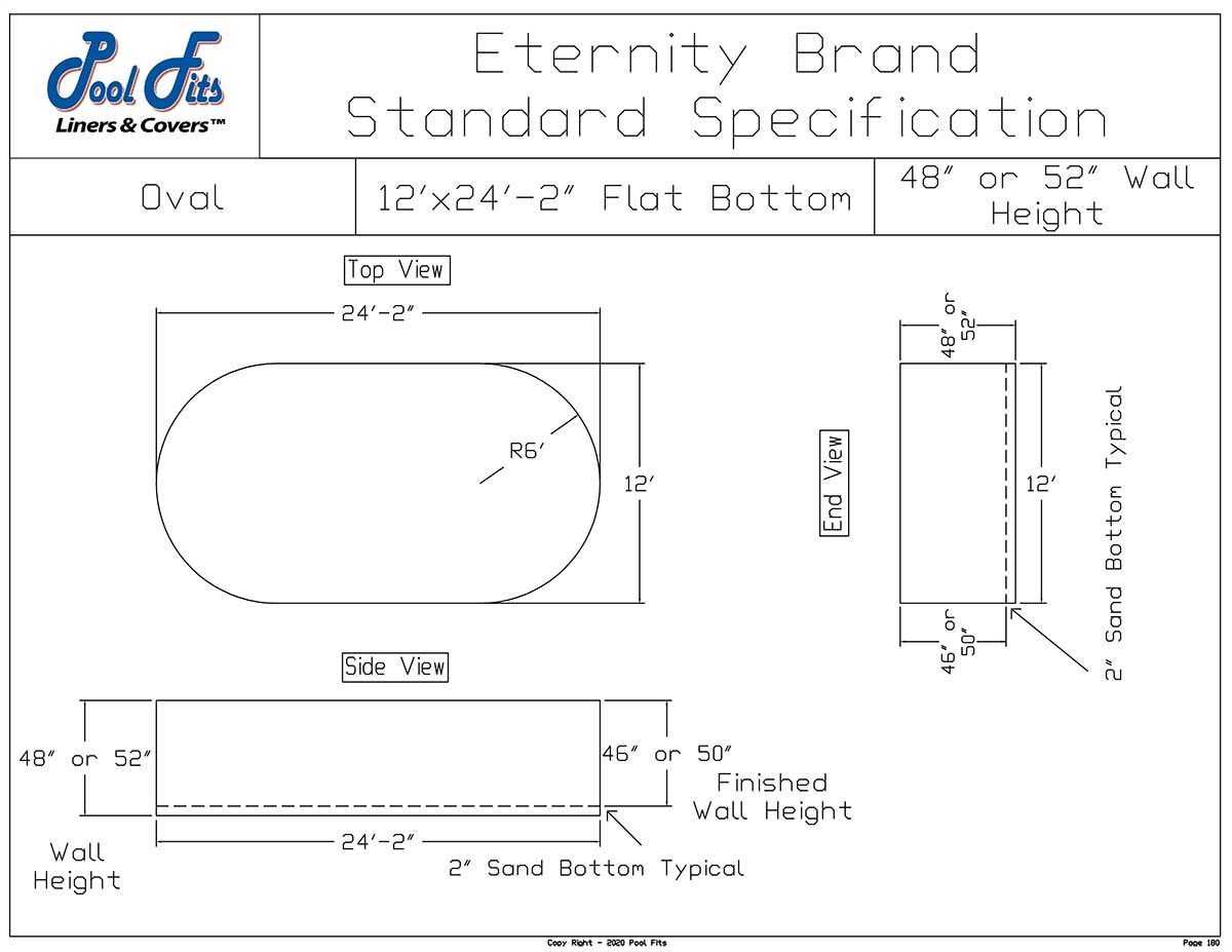 12'x24' Oval Eternity Flat Bottom Liner Diagram and Manufacturer Specification