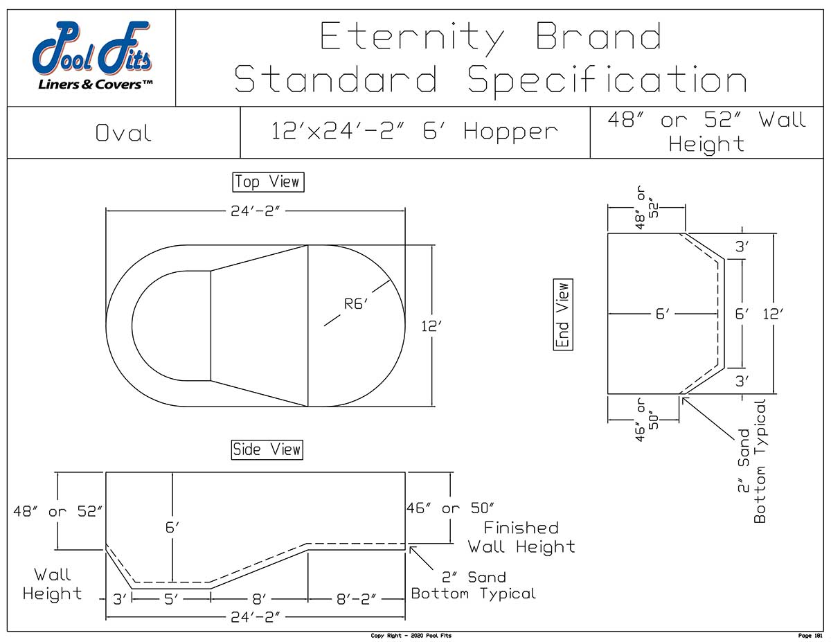 12'x24' Oval Eternity Hopper Liner Diagram and Manufacturer Specification