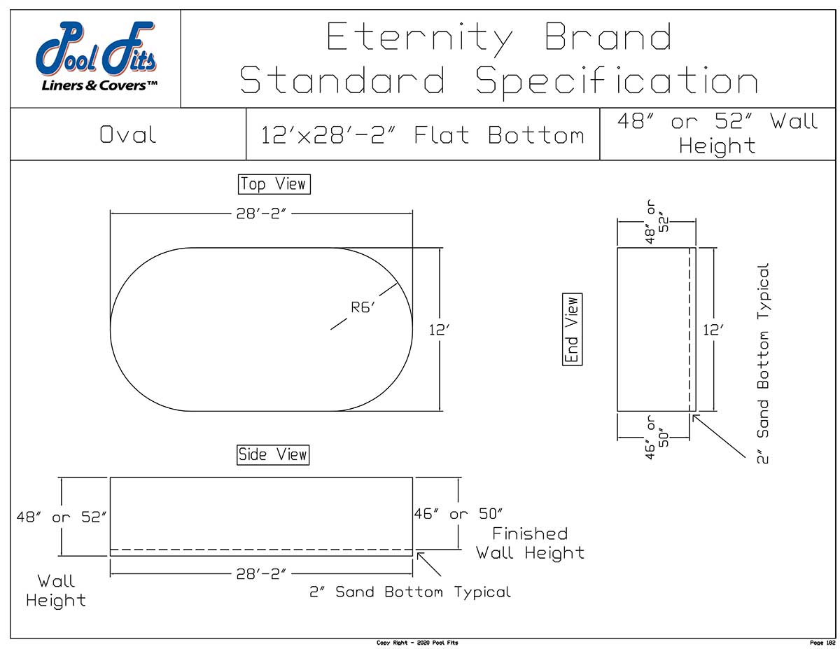 12'x28' Oval Eternity Flat Bottom Liner Diagram and Manufacturer Specification