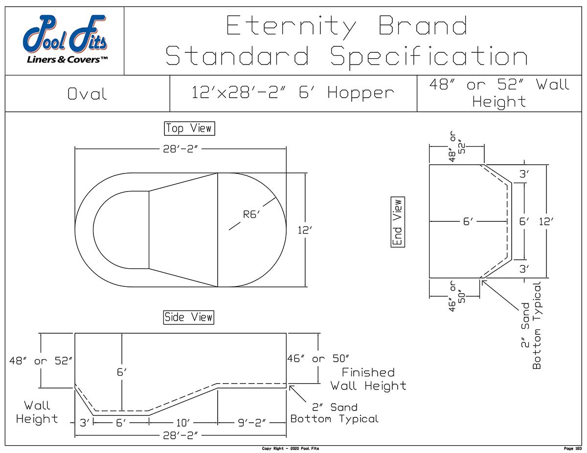 12'x28' Oval Eternity Hopper Liner Diagram and Manufacturer Specification