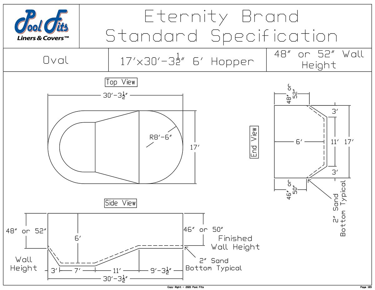 17'x30' Oval Eternity Hopper Liner Diagram and Manufacturer Specification