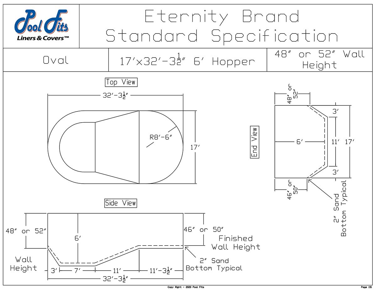 17'x32' Oval Eternity Hopper Liner Diagram and Manufacturer Specification