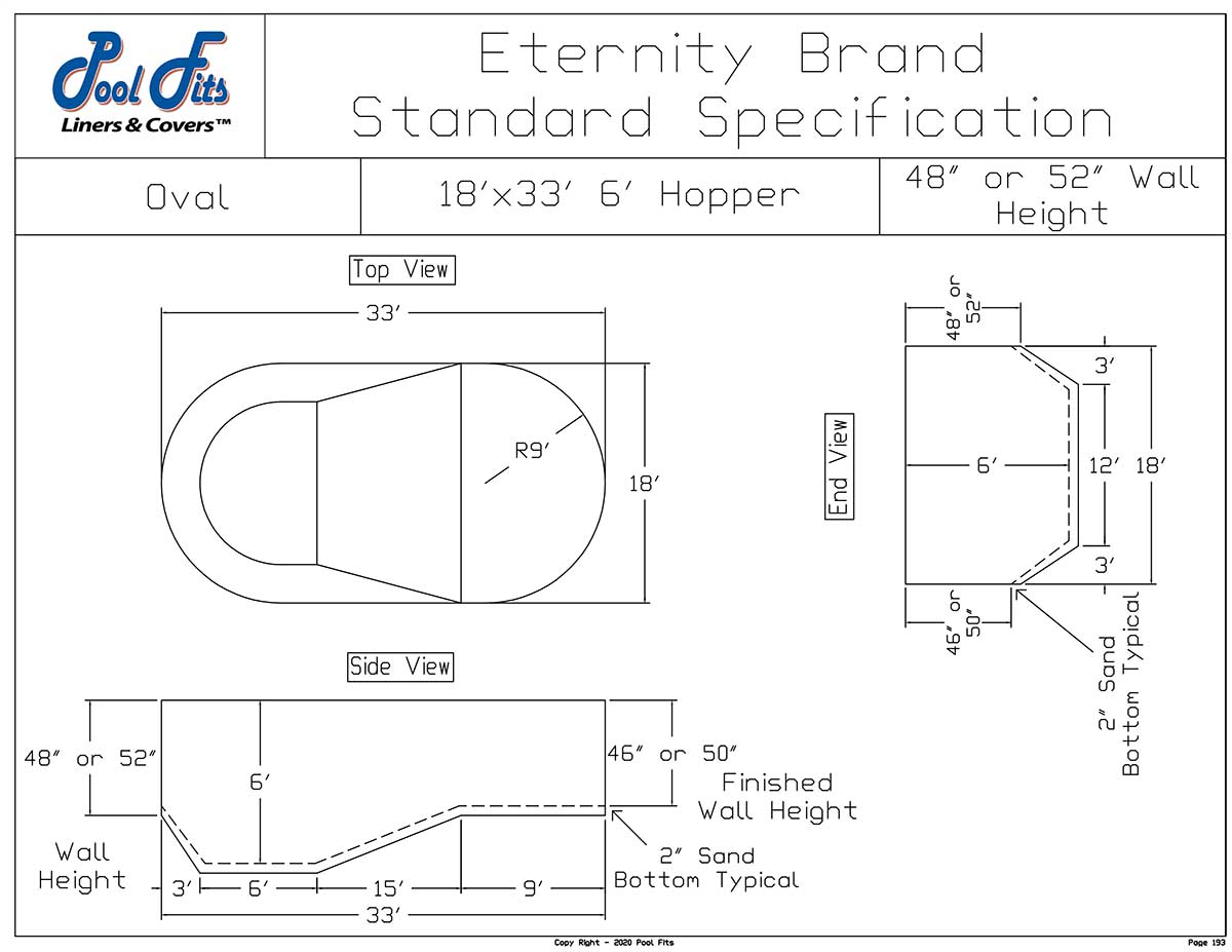 18'x33' Oval Eternity Hopper Liner Diagram and Manufacturer Specification