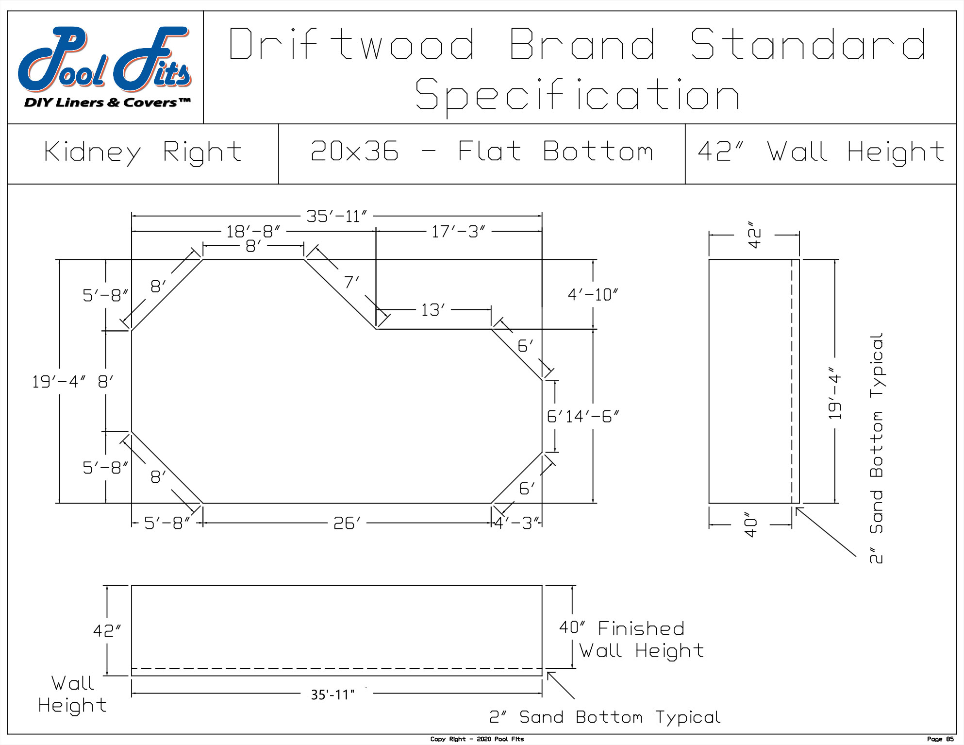 Driftwood 20'x36' Kidney Right Flat Bottom Spec Sheet